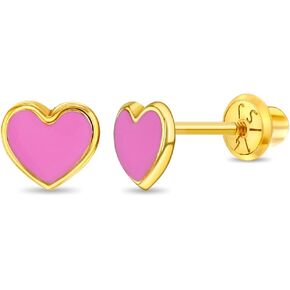 14k Yellow Gold 5mm Pretty Pink Enamel Heart Screw Back Earrings for Young Girls - Hearts Safety Screw Back Locking for Children - Cute & Fashionable Heart Screw Backs for Little Girls & Toddlers