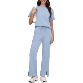 Women's Two Piece Outfit Short Sleeve Tee and Wide Leg Pants Set – Soft Fabric Drawstring Waist Split Hem Casual Tracksuit in Kuwait