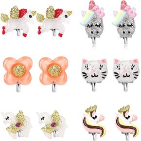 Unicorn Clip On Earrings for Little Girls, Bling Flower and Cat Earrings, Toddler Girls Dress Up Jewelry, 6 Pairs, Best Gift-B