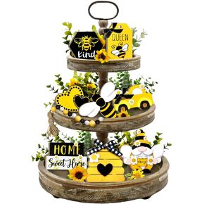 Bee Tiered Tray Decor, Spring Summer Farmhouse Tiered Tray Decorations, Decorative Bumble Bee Gnome Hive Honey Truck Wooden Signs, Rustic Home Decor for Table Shelf Mantel Office Holiday Party