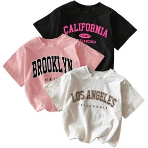 Girl's 3 Packs T Shirts Set Letter Graphic Tees Short Sleeve Crew Neck Summer Tee Shirt