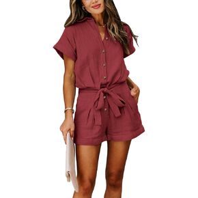 Paintcolors Women's Summer Short Sleeve Button Down Pockets Belted Elastic Waist Solid Color Jumpsuits Rompers in Kuwait
