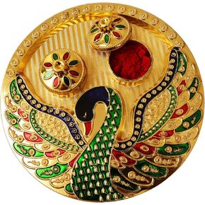 Putrika التقليدية المصنوعة يدويًا من الذهب المطلي بالذهب Thali Haldi Kumkum Chandhan Plate مع غطاء لبوجا | عبادة - لوحة ميناكاري الطاووس (طاووس واحد)