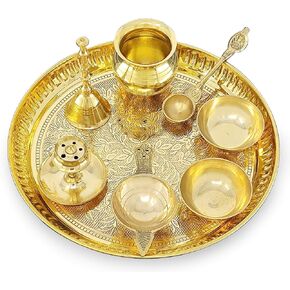 النحاس Puja thali مجموعة 8 بوصة بوجا ثالي مع لوحة التصميم pital Kalash Chandan Wati Dan Dana Ghanti Palli Arti Thali for Diwali Home Office Mandir Wedding Home Gut