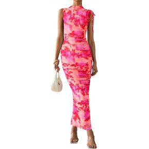 PRETTYGARDEN Women's Summer Maxi Floral Dresses Ruched Bodycon Sleeveless Mesh Formal Wedding Guest Cocktail Split Long Dress