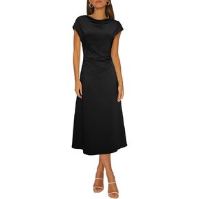 Happy Sailed Women's Spring Summer Short Sleeve Cowl Neck Ruched Waist Flowy A Line Midi Dresses Party Cocktail Dress