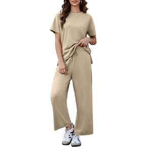 PINSPARK 2 Piece Sets for Women Soft Short Sleeve Matching Lounge Set Wide Leg Pants Tracksuit Travel Summer Outfits 2025