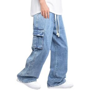 Mens Baggy Jeans Elastic Waisted Denim Pants for Men with Drawstring Streetwear in Kuwait