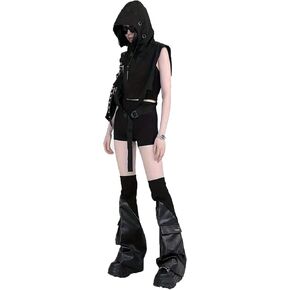1 Pair Y2K Style Black Faux Leather Patchwork Ribbed Punk RockVolumized Pocket Leg Warmers, Slimming & Leg Shaping.