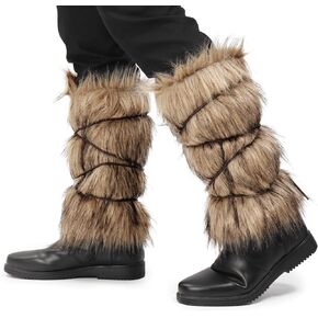 KUOIN Medieval Faux Fur Leg Warmer, Eskimo Leg Wraps Boots Covers with Strap (Brown)