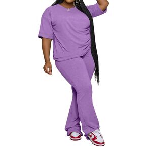 PINSV Womens Plus Size مجموعات 2 قطعة من الأكمام قصيرة الأكمام القصير وملفات السراويل