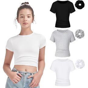 EXARUS 3 Pack Girls Cropped Slim Fit T Shirts Short Sleeve Soft Basic Crew/Mock/Square Neck Tees Side Waist Ruched Tops in Kuwait