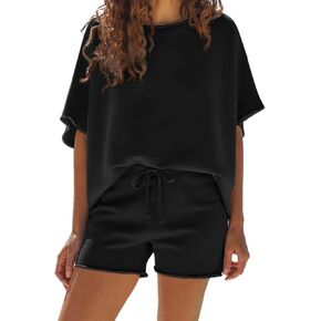 Fisoew Womens Summer Summer 2 قطعة كبيرة من الأكمام القصير القصيرة والسرات القصيرة عالية الخصر صالة صالة قصيرة