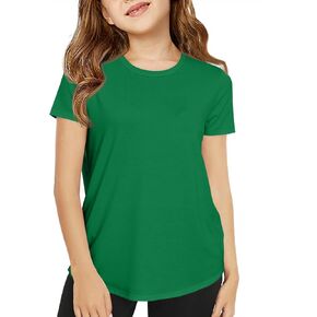 Haloumoning Girls Short Sleeve T Shirts Kids Summer Crewneck Tops Curved Hem Tees 5-14 Years