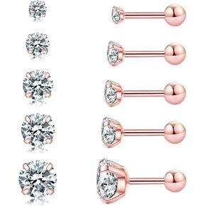 6 Pairs Hypoallergenic Cubic Zirconia Earrings Surgical Steel Flat Back Studs for Cartilage, Screw Back Fashion Jewelry 3-8mm