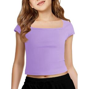 Haloumoning Girls Crop Tops Summer Short Sleeve T Shirts Kids Square Neck Slim Fit Basic Tee