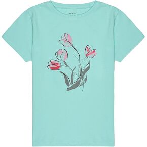 Girls Cotton Crew Round Rib Neck Short Sleeve T-Shirts, Green, Orange red, Turquois