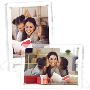 FixSmith 4x6 إطارات صورة أكريليك 2 حزمة ، إطار صورة واضح مع حامل ، إطارات صور أكريليك مغناطيسية لعرض الطاولة أفقيًا أو رأسياً ، إطارًا عائمًا للأكريليك للمكتب المنزلي
