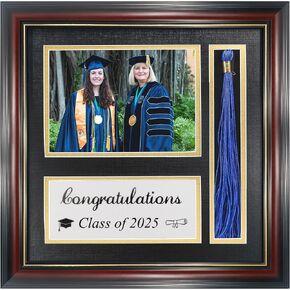Class of 2025 Graduation Photo Frame with Tassel Holder for 5x7 Pictures,Solid Wood Real Glass,Black over Gold Double Mat,Wall & Tabletop Design