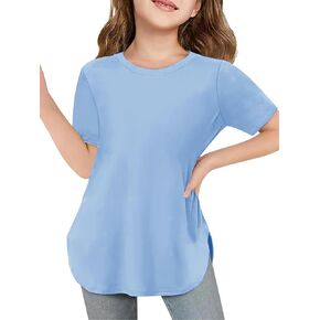 Girls Short Sleeve T Shirts Kids Summer Crewneck Curved Hem Tunic Tops Basic Tee