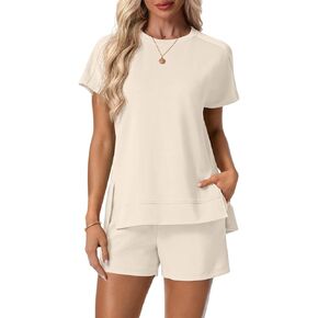Lepunuo 2 Piece Short Sets for Women Summer Outfits Short Sleeve Tops Elastic Waist Shorts Lounge Set Vacation Travel Outfits