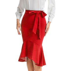 Bbonlinedress Womens Midi Pencil Skirt Fishtail Work Office Church Bodycon High Waist Mermaid Skirts with Bow Tie Belt
