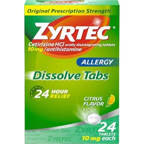 Zyrtec 24 Hour Allergy Relief Dissolving Tablets with 10 mg Cetirizine HCl Antihistamine, Allergy Medicine for Relief from Allergies Caused by Ragweed & Tree Pollen, Citrus Flavor, 24 ct