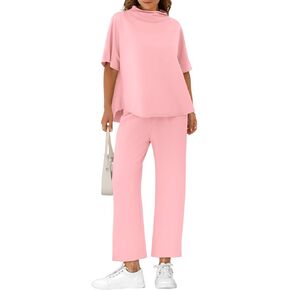 مجموعة صالة كبيرة من النساء الضخمة 3/4 Batwing Capelet Crew Neck Pullover أعلى الساق على عريض الساقين من قطعتين