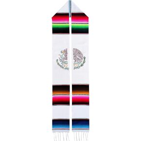 Genuine Serape 100% Authentic White Mexican Graduation Sash, Mexican Flag Emblem Eagle Hispanic Serape Stole, Graduation Serape Sash Scarf Escudo de Mexico Aguila