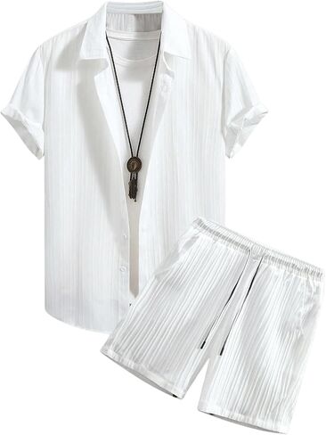 Men's 2 Piece Outfits Short Sleeve Button Down Shirt and Textured Drawstring Waist Shorts Matching Set in Kuwait