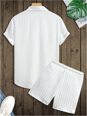 Men's 2 Piece Outfits Short Sleeve Button Down Shirt and Textured Drawstring Waist Shorts Matching Set in Kuwait