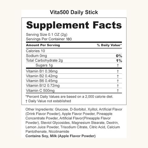 Vita500 Multivitamin Powder Daily Stick ، ​​تحسين المناعة القوية ، وزيادة الطاقة مع فيتامين C 500mg ، ومجمع فيتامين B (70 عصا من 500 ملغ) in Kuwait