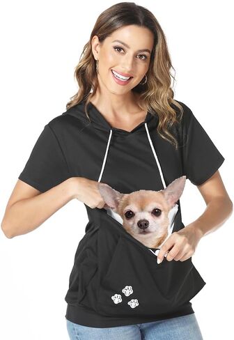 Women Front Pouch Shirt Kitten Puppy Holder Top Short Sleeve Big Pocket Hooded Blouse in Kuwait