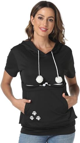 Women Front Pouch Shirt Kitten Puppy Holder Top Short Sleeve Big Pocket Hooded Blouse in Kuwait