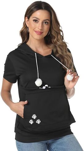 Women Front Pouch Shirt Kitten Puppy Holder Top Short Sleeve Big Pocket Hooded Blouse in Kuwait