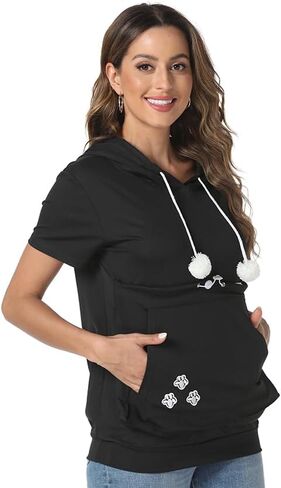 Women Front Pouch Shirt Kitten Puppy Holder Top Short Sleeve Big Pocket Hooded Blouse in Kuwait