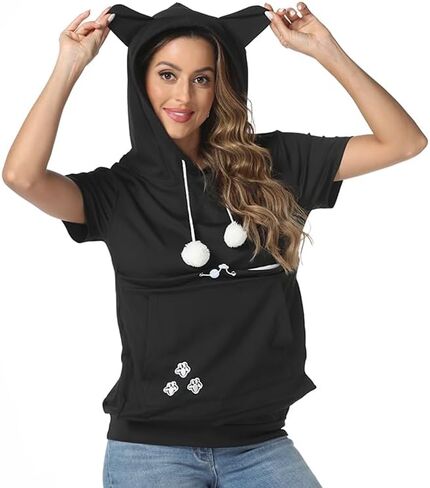 Women Front Pouch Shirt Kitten Puppy Holder Top Short Sleeve Big Pocket Hooded Blouse in Kuwait