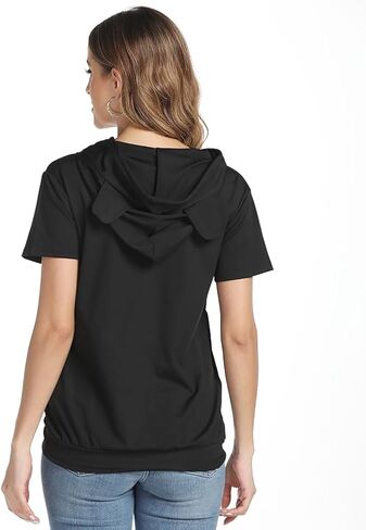 Women Front Pouch Shirt Kitten Puppy Holder Top Short Sleeve Big Pocket Hooded Blouse in Kuwait