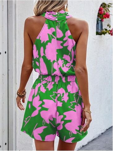 SweatyRocks Women's Boho Floral Print Halter Romper Sleeveless Criss Cross Front Short Jumpsuit in Kuwait