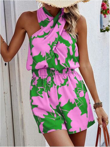 SweatyRocks Women's Boho Floral Print Halter Romper Sleeveless Criss Cross Front Short Jumpsuit in Kuwait
