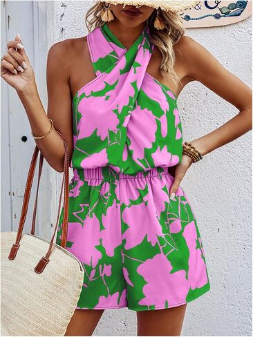 SweatyRocks Women's Boho Floral Print Halter Romper Sleeveless Criss Cross Front Short Jumpsuit in Kuwait