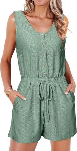 Glamaker Womens Sleeveless Summer Romper - Casual Button Drawstring Beach Romper Eyelet Short Jumpsuit Vacation Outfits in Saudi Arabia