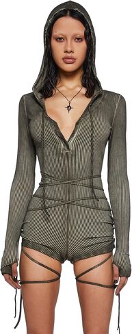 Dolls Kill Crossfade Hooded Romper by DARKER WAVS – Ribbed Jersey, Button-Up Front, and Ruched Sides in Kuwait
