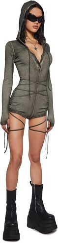 Dolls Kill Crossfade Hooded Romper by DARKER WAVS – Ribbed Jersey, Button-Up Front, and Ruched Sides in Kuwait