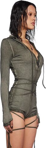 Dolls Kill Crossfade Hooded Romper by DARKER WAVS – Ribbed Jersey, Button-Up Front, and Ruched Sides in Kuwait