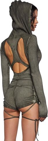 Dolls Kill Crossfade Hooded Romper by DARKER WAVS – Ribbed Jersey, Button-Up Front, and Ruched Sides in Kuwait