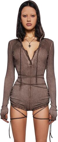 Dolls Kill Crossfade Hooded Romper by DARKER WAVS – Ribbed Jersey, Button-Up Front, and Ruched Sides in Kuwait