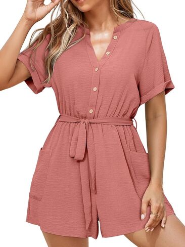 Simplee Women Summer Short Rompers V Neck Button Down Short Sleeve Belted Waist Tie Jumpsuits with Pockets in Kuwait