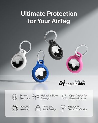 حامل آمن من Belkin Apple AirTag مع حلقة مفاتيح - جراب متين مقاوم للخدش مع حواف مرتفعة مفتوحة - ملحق سلسلة مفاتيح AirTag الواقية للمفاتيح والحيوانات الأليفة والأمتعة وحقيبة الظهر - 4 عبوات باللون الأزرق المتدرج in Kuwait
