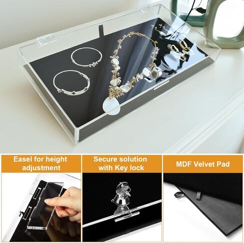 MOOCA Acrylic Rectangular Marketing Holder Locking Security Showcase Safe Box Display Tray, Perfect for Watches Jewelry, Knives, Eyewear with a Key and a Black Padding in Kuwait